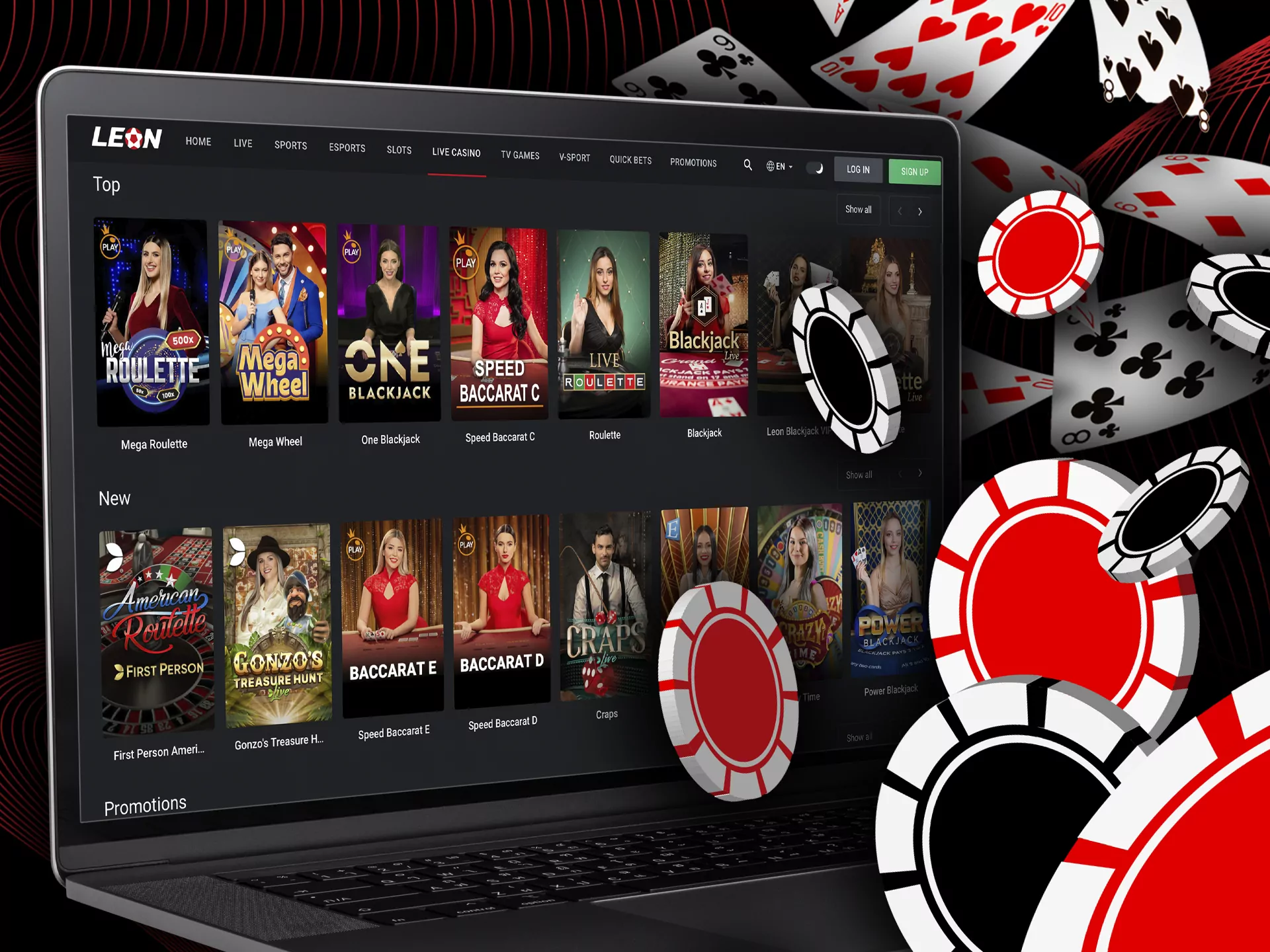 Experience the atmosphere of a real casino in the Leon's live casino section.
