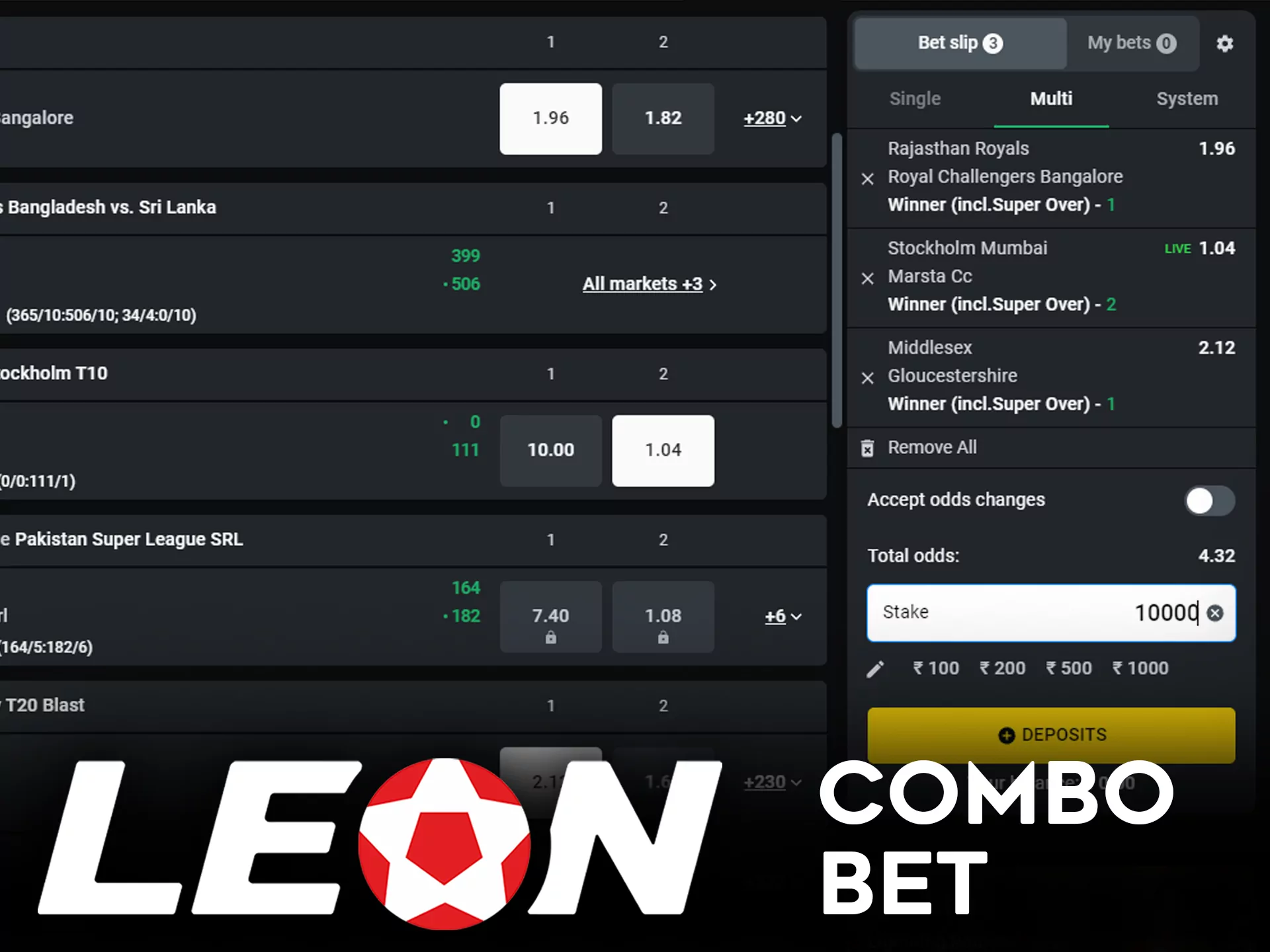 Place combo bets in the Leon Bet sportsbook.